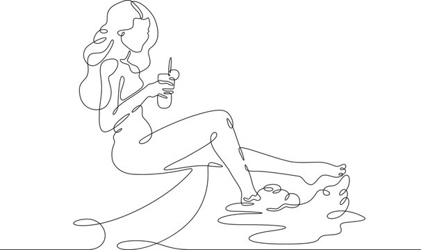 One continuous line. A woman sits on the edge of a pool. Rest by the water. Swimming in the pool. One continuous line on a white background.