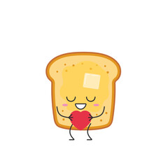 Cute toast character cartoon butter love heart smile face cheerful kawaii joy happy emotions symbol breakfast icon vector illustration.