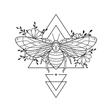 Vector illustration with hand drawn stylized bee, florals and sacred geometric symbol. Mystic wasp insect sign.