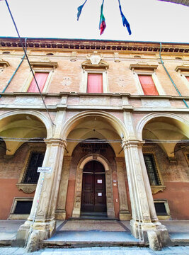 Bologna University, rectorate building main entrance, Poggi palace, Zamboni street, Bologna, Italy