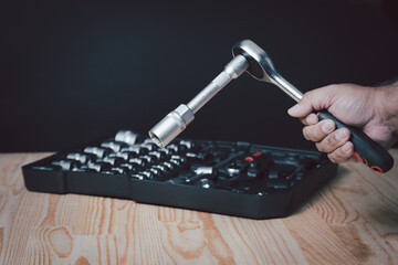Sockets tools, wrenches, spanners and bits in a chrome socket set.repair equipment make of metal...