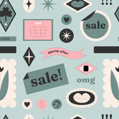 Seamless pattern with sale symbols. Positive print with stickers and phrases. Ideal for wrapping paper, social media backgrounds, fabric design. Trendy vector illustration. Online shopping concept.