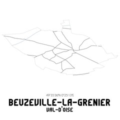BEUZEVILLE-LA-GRENIER Val-d'Oise. Minimalistic street map with black and white lines.