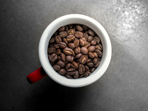 ground coffee bean in a red cup with nature light for advertising coffee cafe or poster sell menu