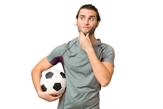 Young handsome football player man over isolated background having doubts and thinking