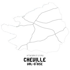 CHEVILLE Val-d'Oise. Minimalistic street map with black and white lines.