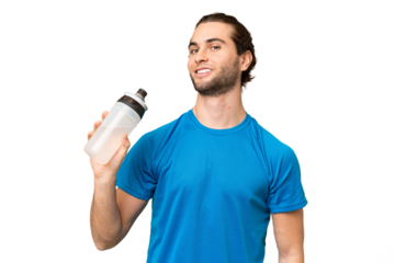 Young handsome man isolated on green chroma background with sports water bottle