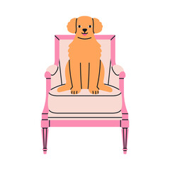 Poster with an antique vintage armchair and funny dog sitting on it. Luxury design for royal or museum interiors concept. Hand drawn vector illustration isolated on white background. Cute design.