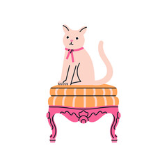 Poster with an antique vintage wooden pouf and funny cat sitting on it. Luxury design for royal or museum interiors concept. Hand drawn vector illustration isolated on white background. Cute design.