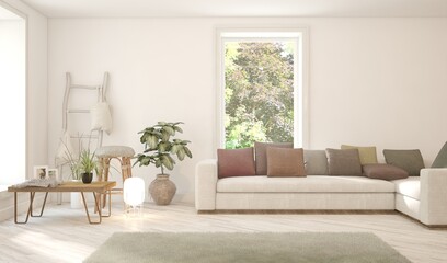 White living room with sofa and summer landscape in window. Scandinavian interior design. 3D illustration