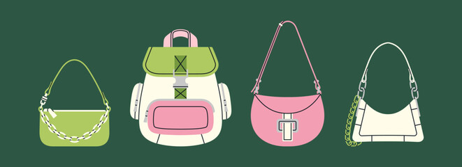 Set with different stylish handbags. Shoulder bags and a backpack. Fashion, lifestyle and online shopping. Hand drawn vector illustrations isolated on green background. Trendy shapes and colors