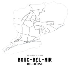 BOUC-BEL-AIR Val-d'Oise. Minimalistic street map with black and white lines.
