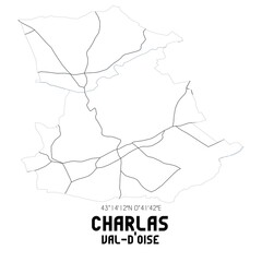 CHARLAS Val-d'Oise. Minimalistic street map with black and white lines.
