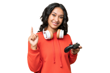 Young Argentinian woman playing with a video game controller over isolated background showing and lifting a finger in sign of the best