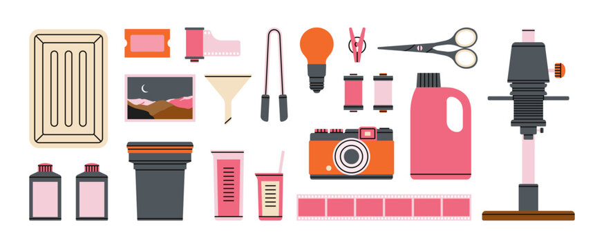 Set with various tools for film development: enlarger, red safelight, tongs, funnel, film reel, camera, chemicals etc. Dark room supplies. Hand drawn vector illustration. Retro photo printing concept