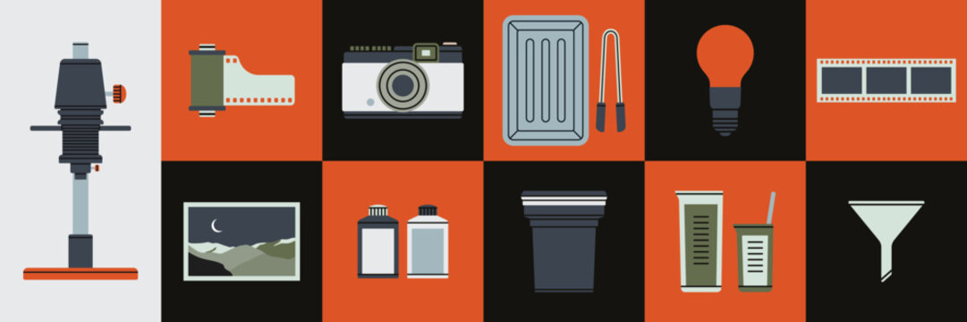 Set with various tools for film development: enlarger, red safelight, tongs, funnel, film reel, camera, chemicals etc. Dark room supplies. Hand drawn vector illustration. Retro photo printing concept