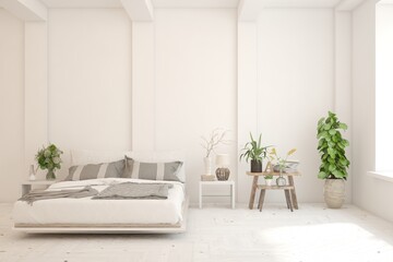 Soft color bedroom interior. Scandinavian design. 3D illustration