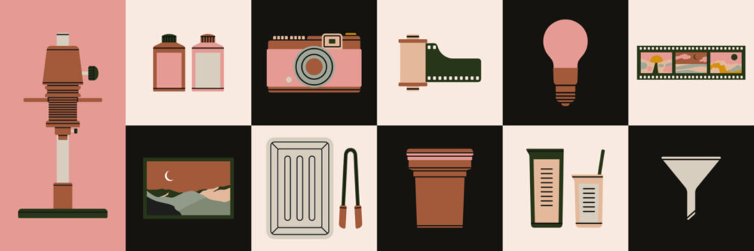 Set with various tools for film development: enlarger, red safelight, tongs, funnel, film reel, camera, chemicals etc. Dark room supplies. Hand drawn vector illustration. Retro photo printing concept