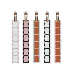 Poster with developed film suspended and gripped with clothespins. Dark room supplies. Retro photo printing concept. Hand drawn vector illustration isolated on white background.