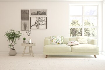 White living room with sofa and summer landscape in window. Scandinavian interior design. 3D illustration