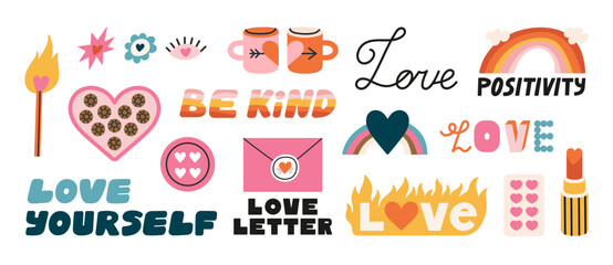 Stickers set with attributes of love. Different types of love - passion, romantic relations, self love. Hand drawn vector illustrations in cute colors. Positive concept for print and card design.