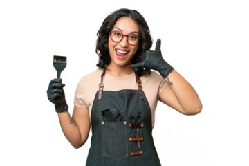 Young argentinian hairdresser woman over isolated background making phone gesture. Call me back sign