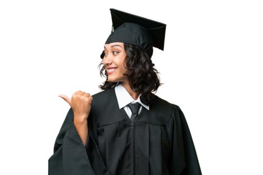 Young university graduate Argentinian woman over isolated background pointing to the side to present a product