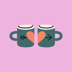 Illustration of two heart printed cups for a couple. Love, romance, relationship concept. For t-shirt prints, typographic and social media design. Hand drawn vector illustration. Saint Valentine's day