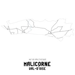 MALICORNE Val-d'Oise. Minimalistic street map with black and white lines.