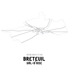 BRETEUIL Val-d'Oise. Minimalistic street map with black and white lines.
