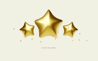 3D gold stars. Win, award and show design element.