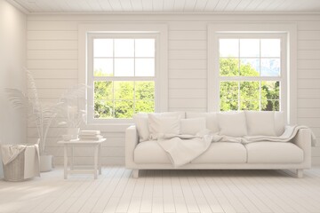 Mock up of stylish room in white color with sofa and green landscape in window. Scandinavian interior design. 3D illustration