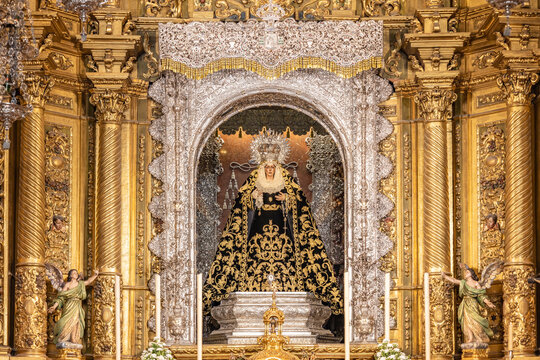 Seville, Spain - November 12, 2022: Virgin of Macarena in main altar of La Macarena church, in Seville, andalusia, spain