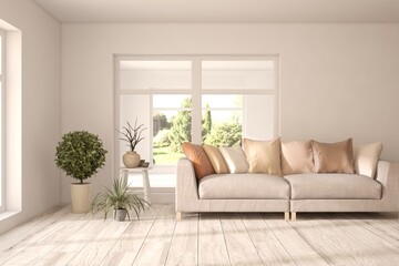 White living room with sofa and summer landscape in window. Scandinavian interior design. 3D illustration