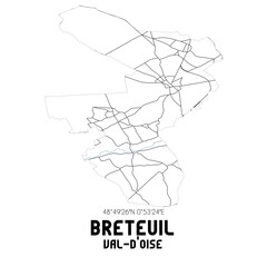 BRETEUIL Val-d'Oise. Minimalistic street map with black and white lines.