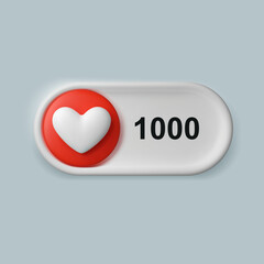 3D button like with heart for social media. A thousand likes counter vector illustration. Icon for web promotions or applications