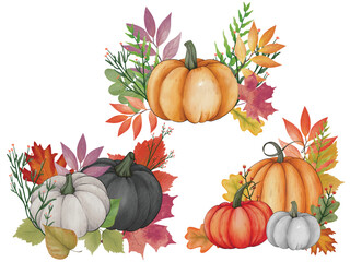Watercolor pumpkin composition, leaves pumpkin,  Painted color clip art, autumn design elements. Fall season. Perfect graphic for Thanksgiving day, Halloween, greeting cards, posters, birthday