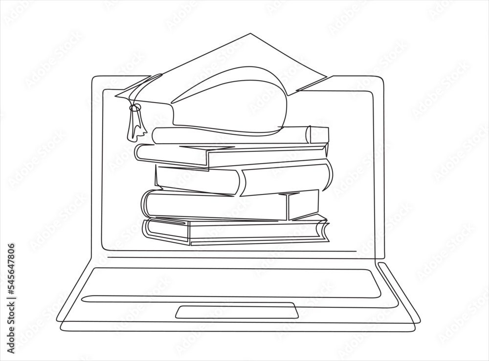 Poster continuous line drawing or one line drawing graduation hat and books stack on a computer. vector ill