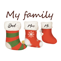 Celebrate Christmas socks with your family. Banner Christmas. Watercolor Vector illustration. Seasonal Christmas flat design. For poster, print, menu design, greeting card