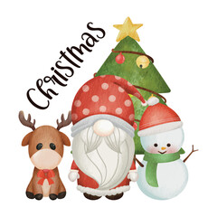 Merry Christmas with Santa, Lean, Deer and Snowman. Banner Christmas. Watercolor Vector illustration. Seasonal Christmas flat design. For poster, print, menu design, greeting card