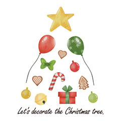 Cute Christmas tree decorations. Banner Christmas. Arranged in the shape of a Christmas tree. Watercolor Vector illustration. Seasonal Christmas flat design. For poster, print, menu design, greeting