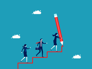 Business development leader. businesswoman draws a ladder with a big pencil and the work team walks up the ladder vector