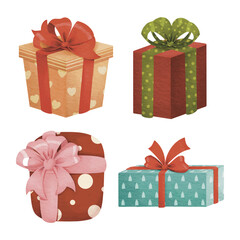 Watercolor gift box set. Hand drawn gift boxes flat lay on white background. Christmas day clip art set, gift boxes, party accessories, festive design elements