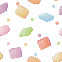 Seamless pastel color sweet candy pattern. Simple style on a white background. Vector illustration. Hand drawn design is perfect for textiles, fabrics, wallpaper or gift wrap.
