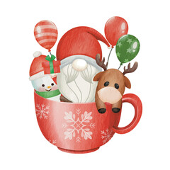 Cute gnome in a mug ready to celebrate Christmas. Hand drawn vector illustration watercolor cute gnome banner design. Xmas design for holidays decoration, greeting cards, gift tags, t-shirt