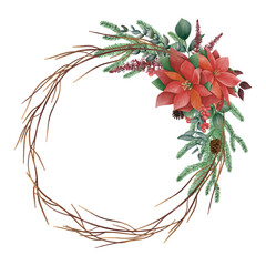 Watercolor Christmas floral frame or winter floral wreath consisting of flowers, leaves and branches. Frame vignette with a bouquet of flowers. Crown and Arch. Suitable for holiday invitation cards