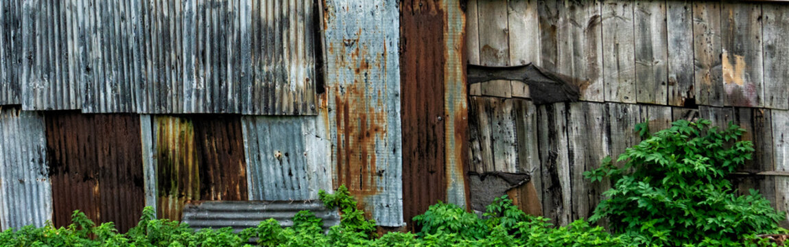 Background banner images - rusty corrugated iron old wood, overgrown,falling down,better days,wooden,metal,