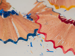 some colored pencils of different colors and a pencil sharpener and pencil shavings on a white background