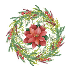 Watercolor Christmas floral frame or winter floral wreath consisting of flowers, leaves and branches. Frame vignette with a bouquet of flowers. Crown and Arch. Suitable for holiday invitation cards