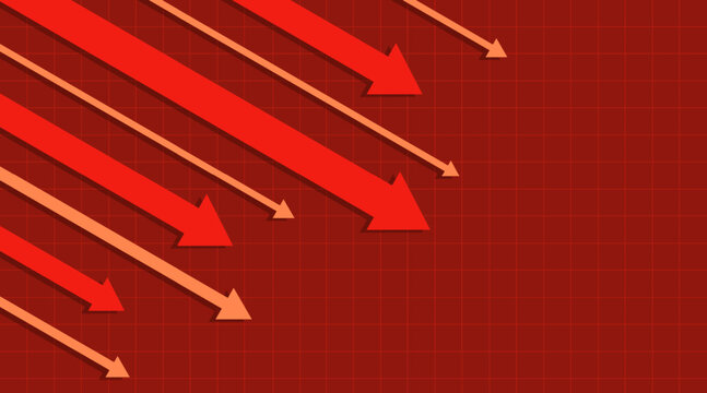 Stock market crash concept. Downward-facing arrows indicate a decrease in earnings. Banner with copy space